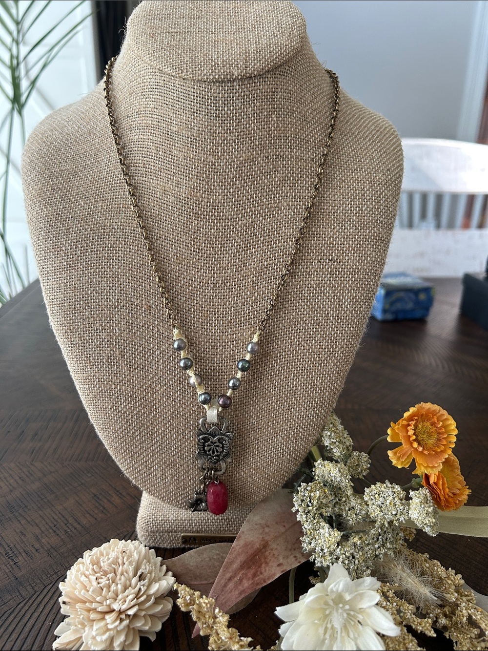 Lucky Brand Antique Gold-Tone Necklace with Multicolor Beads and Red Pendant
